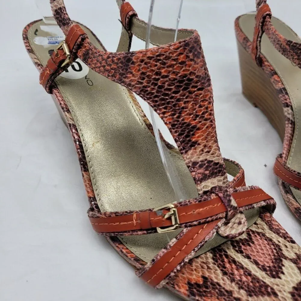 Bandolino Vegan Faux‎ Leather Strappy Wedge Sandals 10 Pink Coral Snake Embossed